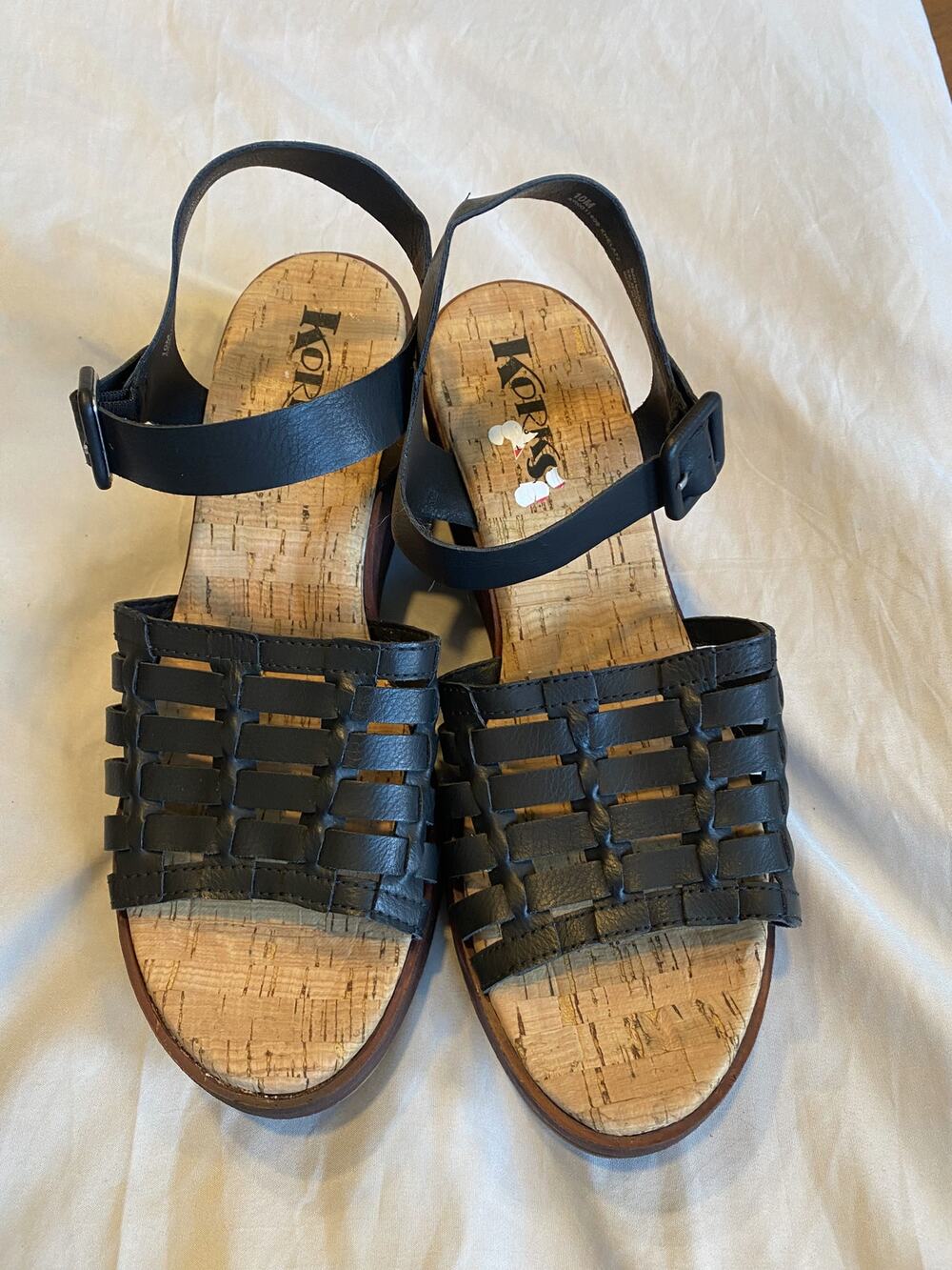 Korks Marley Women's 10 M Black Leather Slip-On Open Toe Strappy Wedge Sandals